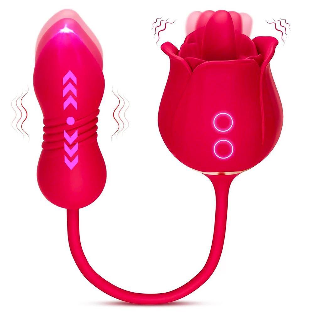 Vibrador Consolador Rosa Doble con Función de Empuje y Lamido