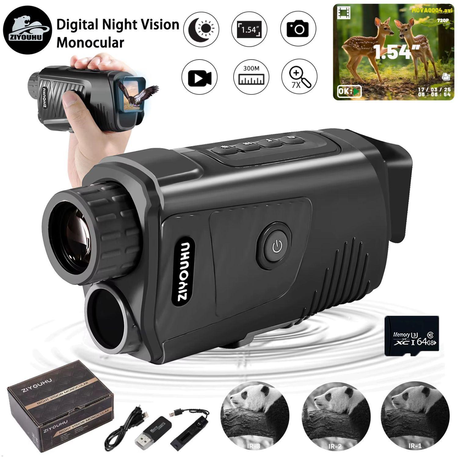Monocular Digital de Visión Nocturna ZIYOUHU NV007 HD 1080P con Zoom 7X, Infrarrojo 850nm, Alcance 300m y Tarjeta 32GB incluida