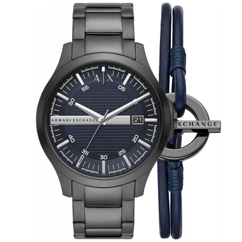 Reloj Armani Exchange Hampton AX7127 Set Pulsera Para Hombre Gunmetal Azul