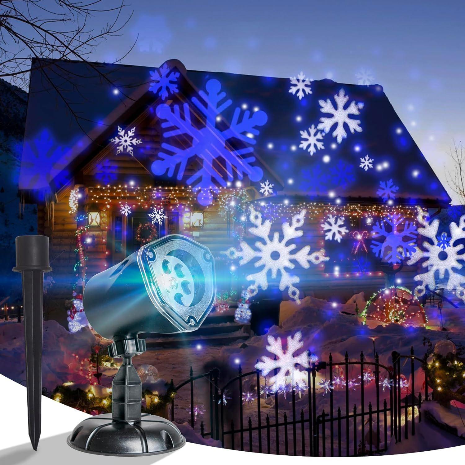 PROYECTOR DE LUCES DE NAVIDAD, COPOS DE NIEVE BLANCOS Y AZULES