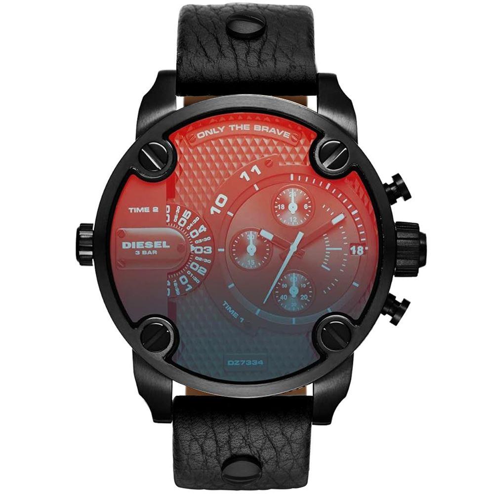 Reloj Diesel Little Daddy DZ7334 Doble Hora Fecha Cronometro Acero Inoxidable Correa Cuero Negro